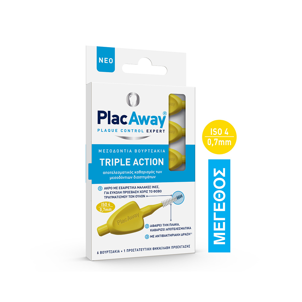 PLAC AWAY - TRIPLE ACTION Μεσοδόντια Βουρτσάκια ISO 4 (0.7mm-κίτρινο) - 6τεμ.